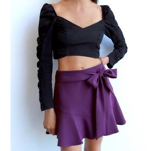 NWT ZARA purple plum high waisted skort w/ ruffles and bow tie XS